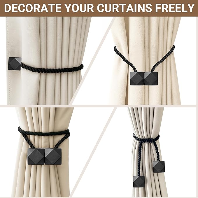Hion Magnetic Curtain Tiebacks Black 2pcs, Curtain Tiebacks Buckles Holdbacks Holders Hooks Clip for Home Bedroom Office Decorative Curtain Hion