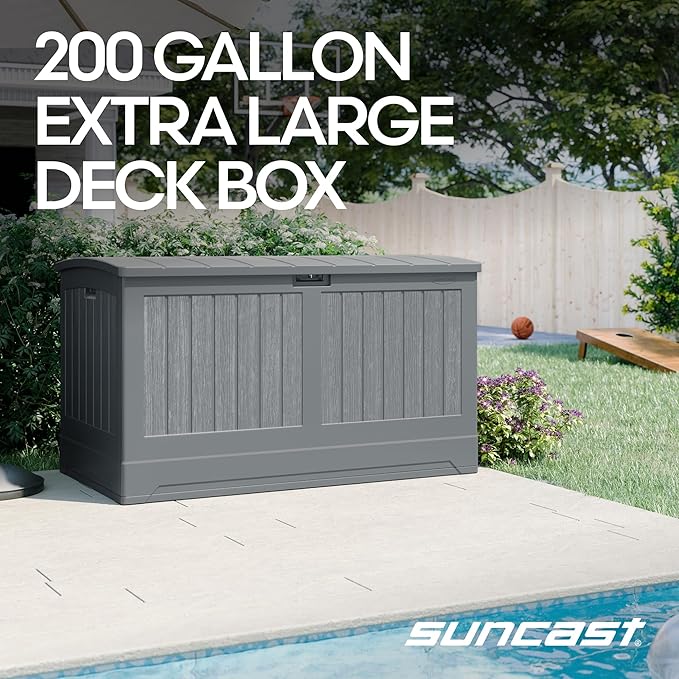 Suncast 200-gal. All-Weather Patio Deck Box, Made in the USA, with Pad-Lockable Lid, Extra-Large Outdoor Storage Unit for Patio Furniture and Grill Tools, Dove Gray Color Suncast
