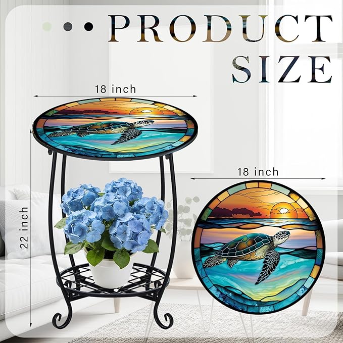 Outdoor Side Table Round Small Mosaic Patio Accent Indoor End Plant Coffee Tea Table for Yard Patio Porch Garden Living Room, Bedroom(Turtle Style,18 Inch) Cinnvoice