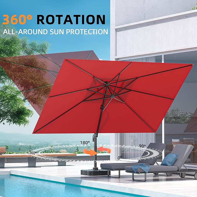 9' X 12' Cantilever Outdoor Patio Umbrellas Double Top Large Rectangle Umbrella Heavy Duty 360°Rotation Offset Umbrella for Garden Deck Pool Patio,Red ORYNTREX