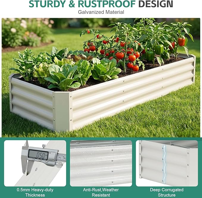 Galvanized Raised Garden Bed - 6x2x1ft (2Packs) Metal Garden Planter Box Outdoor | Steel Raised Bed Kit with Bracing Rods, Gloves for Gardening Vegetables Fruits and Flowers (White) BIRDSINYARD
