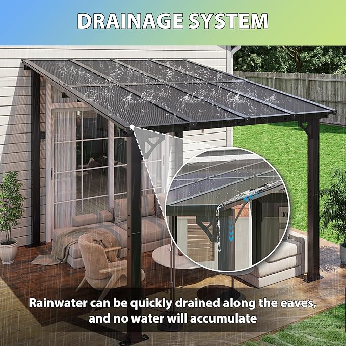 Aoxun 8'x 10' Premium Gazebo with Aluminum Top Frame & Polycarbonate Panel, Wall Mounted Gazebos Pergola, Outdoor Patio Lean to Gazebo, Awnings with Sloped Roof, for Backyard, Porch, Deck Aoxun