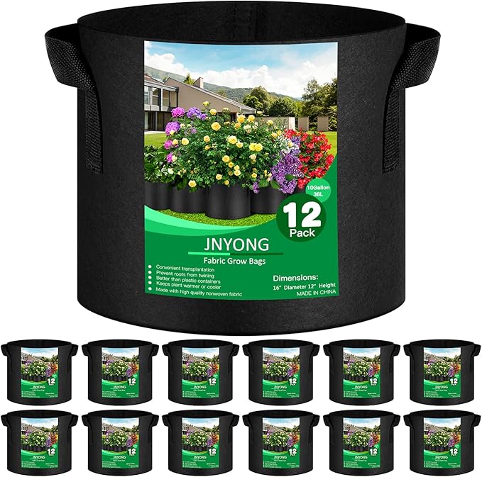 12-Pack 10 Gallon Thickened Non-Woven Grow Bags, Aeration Fabric Pots with Handles JNYONG