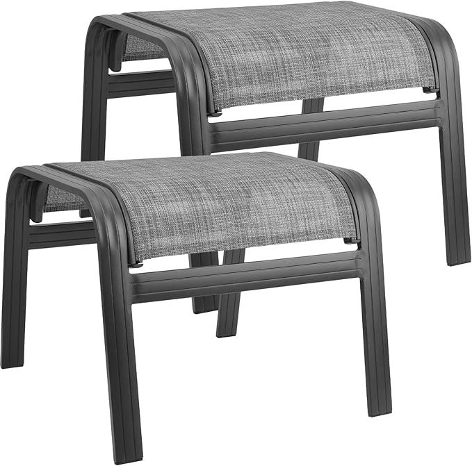 Outdoor Patio Ottoman Seat Textilene Portable Metal Footstool Portable Footrest Patio Chairs 2 Set New Grey Deugold