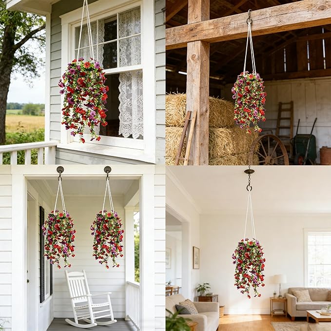 Artificial Flowers for Outdoors Fake Hanging Plants with Pot, 4pcs Silk Colorful Flowers UV Resistant Realistic Hanging Planter Faux Flower for Outside Porch Patio Home Garden Yard Decoration Comtelek