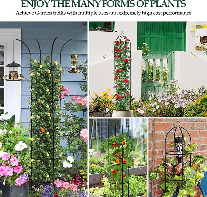 100% Metal Garden Obelisk Trellis for Climbing Plants Outdoor, 6.6ft Tall Metal Plant Support with Garden Twist Tie for Tomato Cucumber Pea Ivy Vines Rose Clematis Potted Plant Trellis 1 Pack WellSign