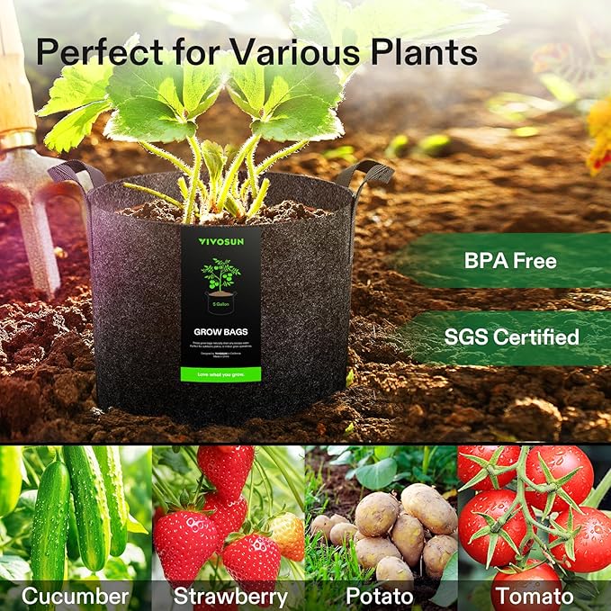 VIVOSUN 5-Pack 5 Gallon Grow Bags Heavy Duty 300G Thickened Nonwoven Plant Fabric Pots with Handles VIVOSUN