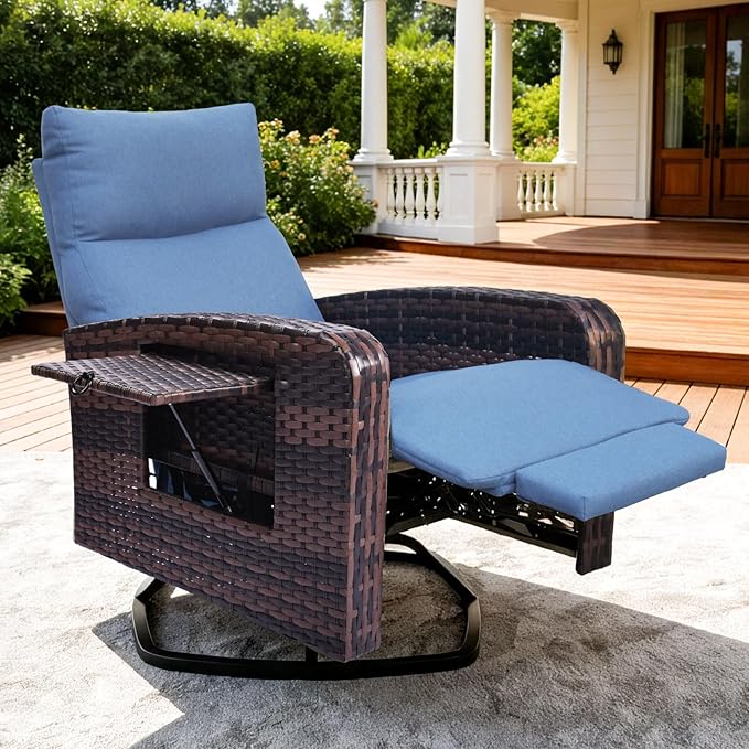 Outdoor Recliner Chair Set of 2, Wicker Patio Recliners with Adjustable Backrest and Extended Foot Rest, Reclining Patio Chairs with Flip Table & Removable Cushion Cover for Porch zzw