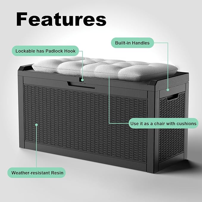 ROJIK Outdoor Storage Housing Deck Box,Waterproof Patio Furniture, Garden Tools, Cushions, Pool Accessories Storage Bench with Lockable Lid and Side Handles (Black,60 Gallon) ROJIK