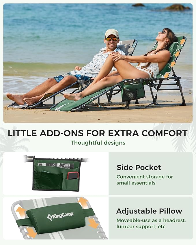 KingCamp 2 Pack Folding Lounge Chair Outdoor, Tanning Chair with Face Hole Comfy Adjustable 5-Position Foldable Chaise Chaser Lounger for Outside Beach Patio Sun Bathing Pool, Green/White KingCamp