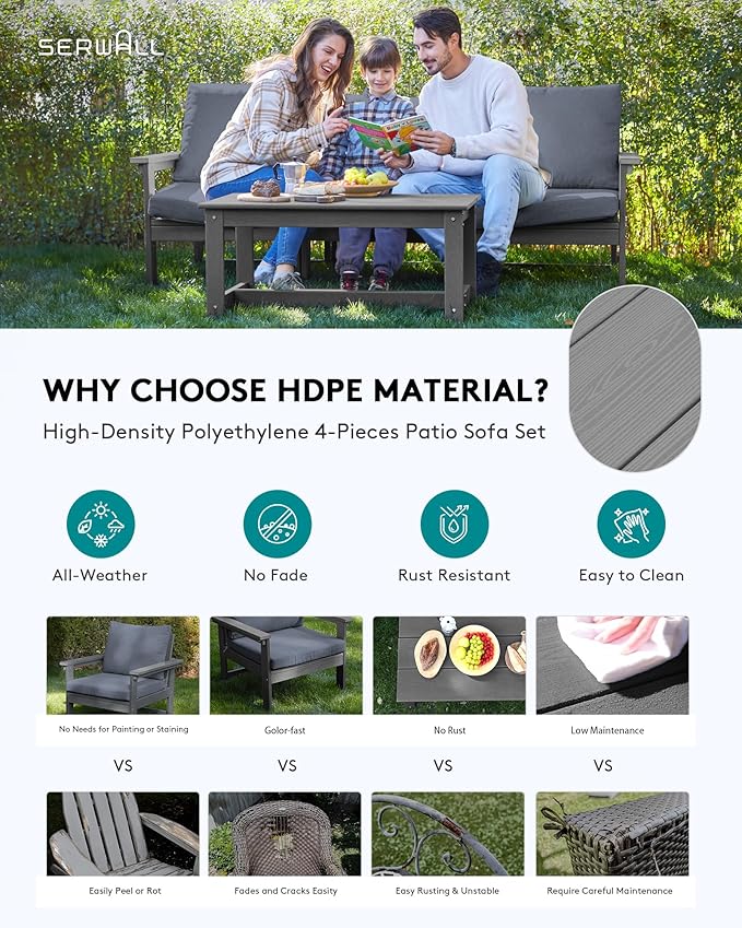 SERWALL HDPE Patio Sofa Set, 4-piece Sectional Outdoor Furniture Set, All Weather Outdoor Couch Set Patio Furniture Set for Deck, Lawn, Grey Frame with Grey Cushion SERWALL