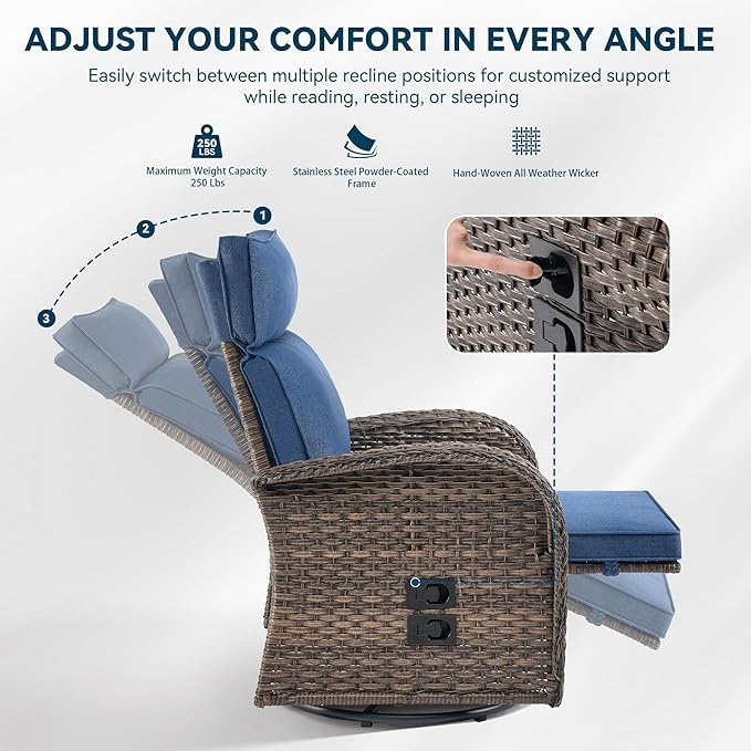 Zero Gravity Patio Swivel Rocking Recliner Chairs Set of 2 - Wicker Outdoor Lounge Chair with Adjustable Backrest & Footrest, All Weather Reclining Rocker Chairs with Thick Cushion for Pool Deck Blue JelwalyPatioFurnitureSet