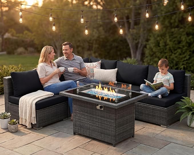 NICESOUL 6 Piece Modern L-Shaped Outdoor Sectional with Firepit Natural Gas/Propane, 29.3'' High Back Wicker Patio Furniture Set, Oversized Conversation for Exterior, 2 Color Cushion Black & Gray NICESOUL