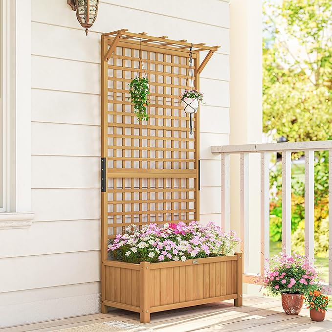 Outsunny Wood Planter with Trellis, Raised Garden Bed for Climbing Plants w/Drainage Holes and Roof, 35.5" x 17.75" x 72", Yellow Outsunny