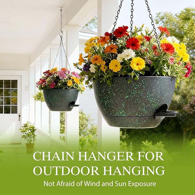 12 Inch Hanging Baskets 2 PC with Chains, Self-Watering Hanging Planters for Indoor Outdoor Plants, Plastic Hanging Flower Pots, Black with Green Speckles SQKH