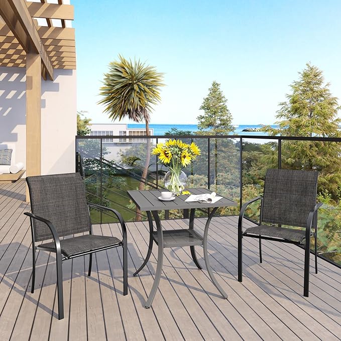 VICLLAX Patio Set for 2, Outdoor Dining Set Includes 28" Small Outdoor Table and 2 Stackable Sling Chairs, Grey Tabletop and Grey Fabric HOME