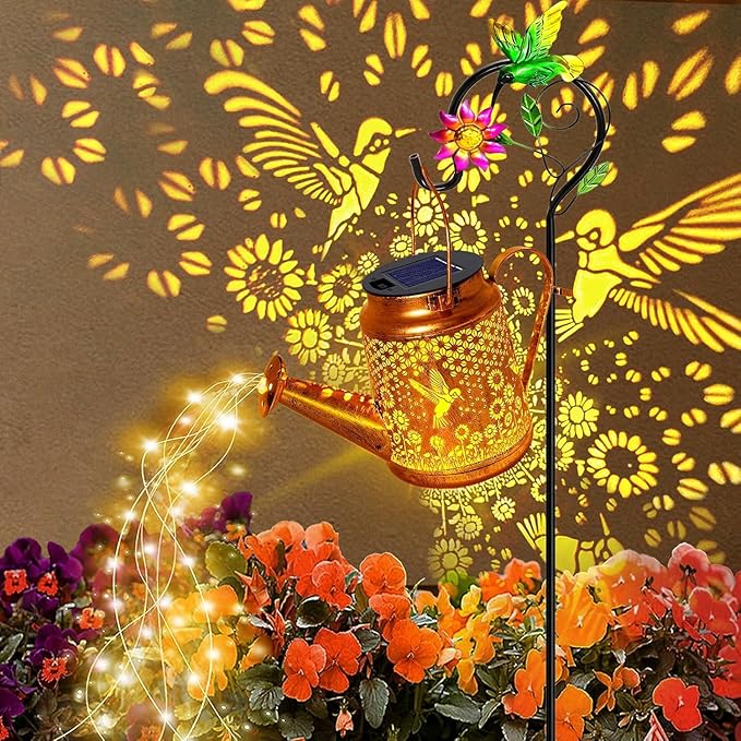 Solar Lanterns Outdoor, Hummingbird Sunflower Watering Can lights, Waterproof Hanging Lanterns, Solar Path Lights, Outside Decoration Gardening Christmas Gifts for Mom Grandma Women with Shepherd Hook YJFWAL