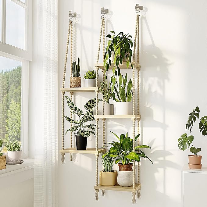 Bamworld Hanging Shelves Plant Hanger Indoor Window Plant Shelves Wood Plant Wall Shelf Window Sill Plant Shelf Indoor Hanging Plant Stand Living Room Decor Garden Boho Decor Bamworld