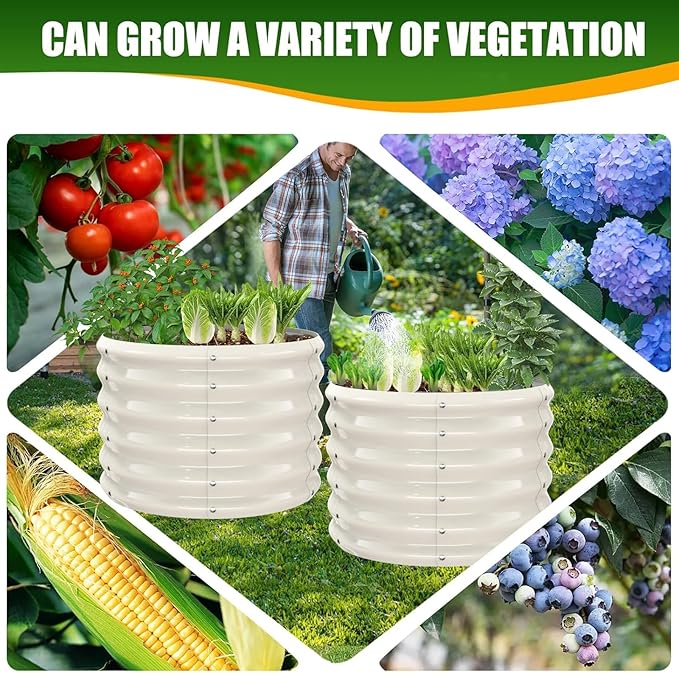 17" Tall Elevated Round Metal Rised Garden Bed- 2'x2' in Size and 0.8MM Thick Durable Planter Box for Vegetables Flowers Succulent at Patio/Garden Outdoor (White, 2FT Diameter) TBMLC