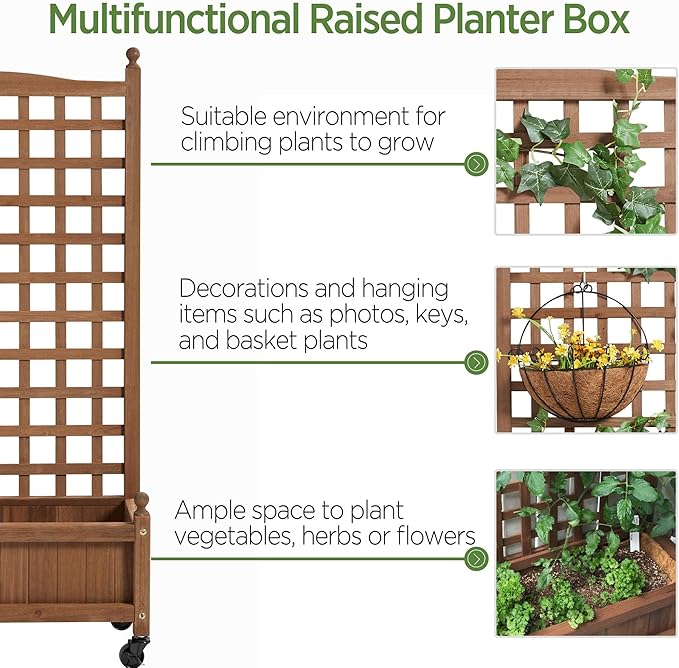 Yaheetech 2pcs 50" H Raised Garden Bed with Trellis & Wheels Standing Vertical Horticulture Planter Box for Vine Climbing Plants, Flowers, Herbs Brown Yaheetech