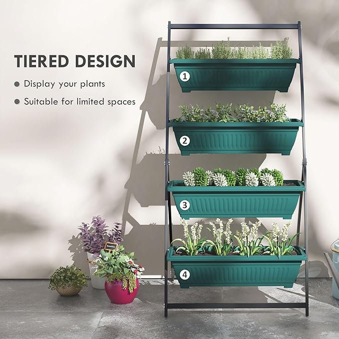 Outsunny Raised Garden Bed, 4 Tier Vertical Garden Planter Set, 4 Outdoor Planter Boxes with Stand, Self Draining Design Elevated Garden for Vegetable, Flowers & Herbs, Green Outsunny