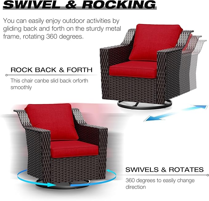 Joyside Wicker Patio Furniture Sets, 6 Pieces Upgraded Large Size Outdoor Furniture with Swivel Rocking Patio Chairs, Two 3-Seat Sofa, Fire Table, Coffee Table, Thick Cushions, Wide Armrest, Red Joyside
