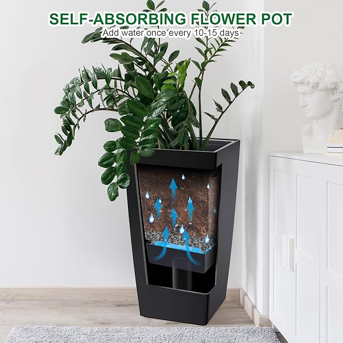 Garvee 30" Tall Planters Set of 2, Outdoor＆Indoor Black Planter Pots, High Front Porch Planter Pots with Drainage Holes＆Water Level Monitor＆Inner Bucket,Black Garvee
