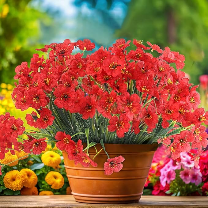 24 Red Bundles Artificial Flowers for Outdoors/Indoors Fake Flowers Plants for Indoor Outside Garden Porch Window Box Home Wedding Farmhouse ColoPlay