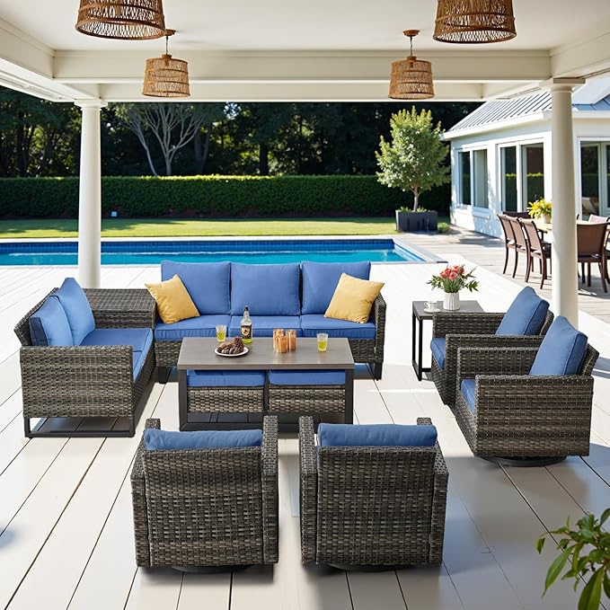 Belord Spacious 11 Pieces Patio Conversation Set - 5-Seater Outdoor Furniture Sectional Sets with Swivel Glider Chairs Set of 4 and Storage Box, Metal Top Coffee Table with Embedded Ottoman Gray Belord