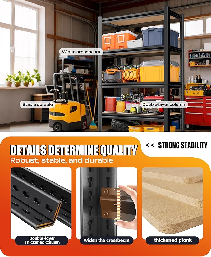 AOAORRG Garage Shelving Heavy Duty Storage Shelves, Metal Adjustable Shelving Unit, Utility Garage Organizer Shelf for Basement, Pantry, Kitchen, Warehouse, 33.5" Wx15.7 Dx35.4 H, Black Rootora