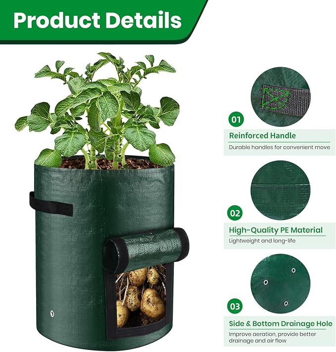 10 Gallon 3-Pack Potato Grow Bags, Heavy Duty PE Fabric Pots with Flap and Handles, Green Planter Bags for Potato Vegetables Outdoor Garden, 17.7''x13.8'' Large for All Plants Growing Lifeisbetterinthegarden