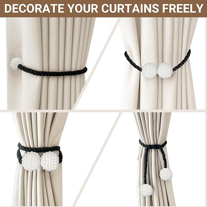 Hion Magnetic Curtain Tiebacks Black 6 Pack, Curtain Tiebacks Buckles Holdbacks Holders Hooks Clip for Home Bedroom Office Decorative Thick or Thin Curtain Hion