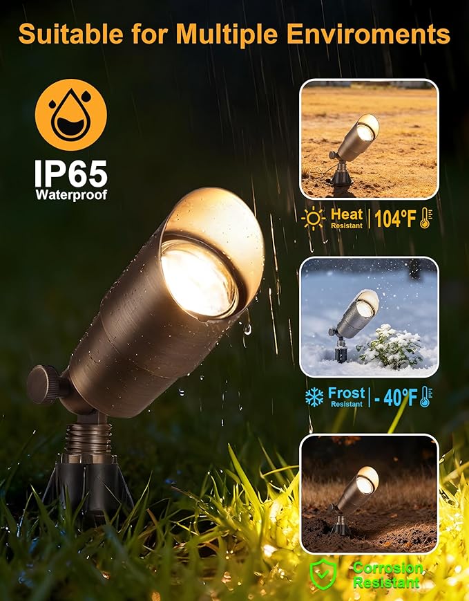 PARTPHONER Solid Brass Low Voltage Landscape Lighting, Wired 12V LED Landscape Spotlights with Aluminum Housing MR16 Bulb, Heavy Duty Outdoor Waterproof Up Lights for Garden, Yard, Trees, 4Pack PARTPHONER