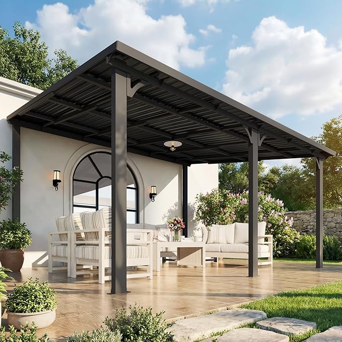 AECOJOY 12' x 14' Outdoor Hardtop Metal Gazebo for Patio, Large Lean to 14x12 Galvanized Steel Heavy Duty Wall Mounted Pergolas and Grill Gazebos Clearance, Patio Pergola Metal Roof Awnings for Decks AECOJOY