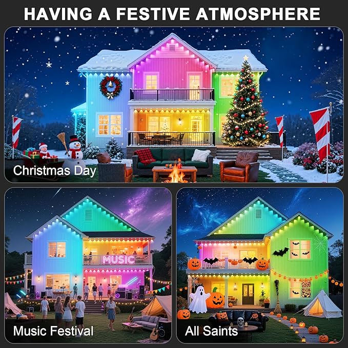 300FT Permanent Outdoor RGB Lights - Waterproof Smart LED Eaves Lights with App/Remote Control, Music Sync & DIY Scenes, Perfect for Christmas, Halloween, Parties & Daily Decor, Ideal for House Roof Rootora