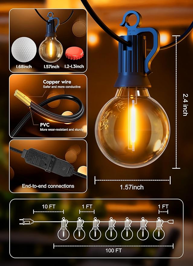 Brightown Outdoor String Lights, 100FT 100+2 G40 Bulbs Shatterproof Patio Lights, IP65 Waterproof Dimmable Hanging Connectable Globe LED Outdoor Lights for Backyard, Bistro, Porch, Deck, Balcony Brightown