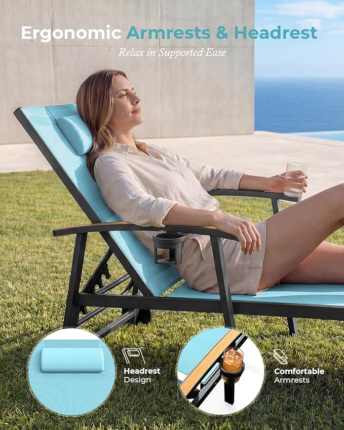 Ciokea Outdoor Lounge Chair with Pillow, 5-Position Aluminum Chaise Lounge with Wheels & Armrests, 400 lbs Heavy Duty Patio Pool Chair for Deck, Backyard, Beach & Poolside, Lake Blue CIOKEA