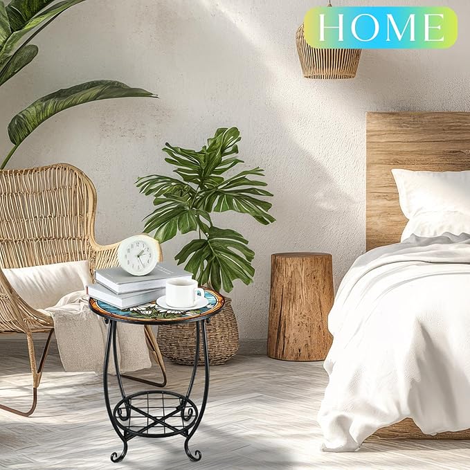 Outdoor Side Table Round Small Mosaic Patio Accent Indoor End Plant Coffee Tea Table for Yard Patio Porch Garden Living Room, Bedroom(Daisy Style,14 Inch) Cinnvoice