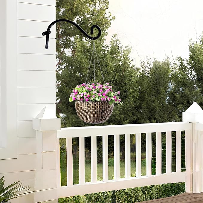 Hourleey 4 Pack Plant Hanger Outdoor, 8 Inch Heavy-Duty Hanging Plant Hook for Outside Basket, Black Metal Wall Mount Plant Bracket Hook for Flower Baskets Bird Feeder Hourleey