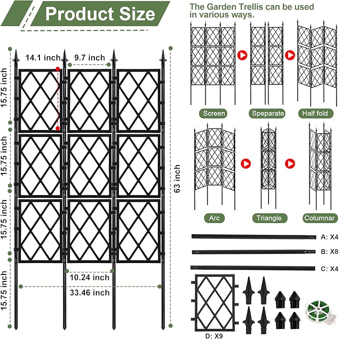 5.25FT Garden Trellis for Climbing Plants Outdoor, Black Iron Pipe Support Fence,Metal Wall Lattice Climbing Frame for Potted Plants Indoor for Ivy Vines Vegetable Flower, Patio, Lawn, Yard, Backyard ParseBio