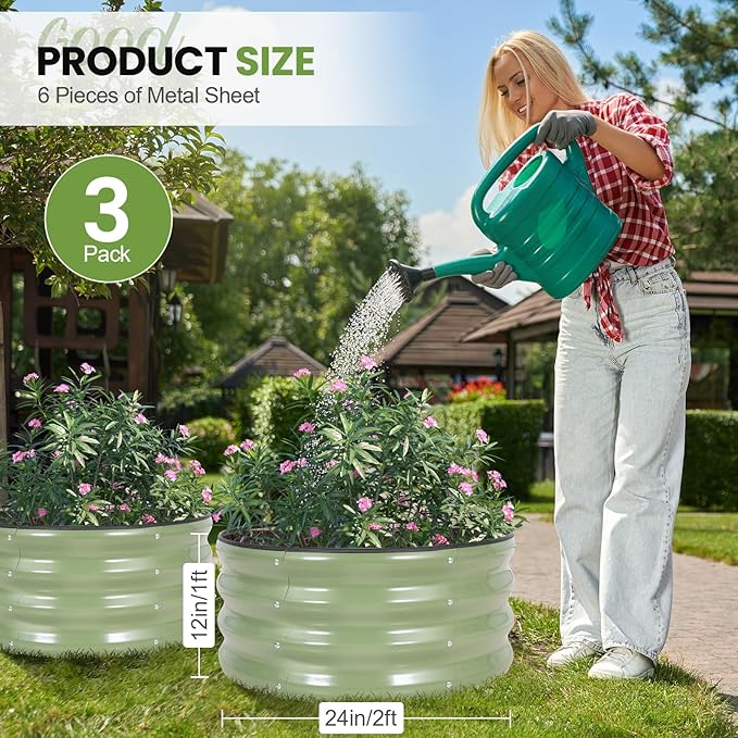 G GOOD GAIN Round Raised Garden Bed - 3Pcs 2x2x1ft Galvanized Steel Planter Boxes Outdoor with Rubber Edge Trim | Metal Raised Beds for Gardening Vegetables Flowers Fruits Herbs (Olive Green) GGOODGAIN