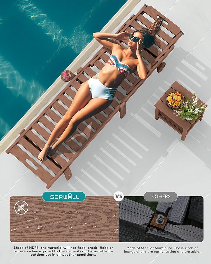 SERWALL Patio Chaise Lounge, HDPE Outdoor Lounge Chair with Cup Holder, 5 Positions Adjustable Poly Lounger with Rolling Wheels for Poolside, Deck, Sunbathing, Brown SERWALL