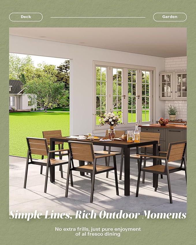 67" HDPS Outdoor Patio Dining Table, Aluminum-Edged Outdoor Dining Table with Umbrella Hole, Weather-Resistant for Lawn, Garden, Poolside and Indoor Use, Gray&Teak Vexwalx