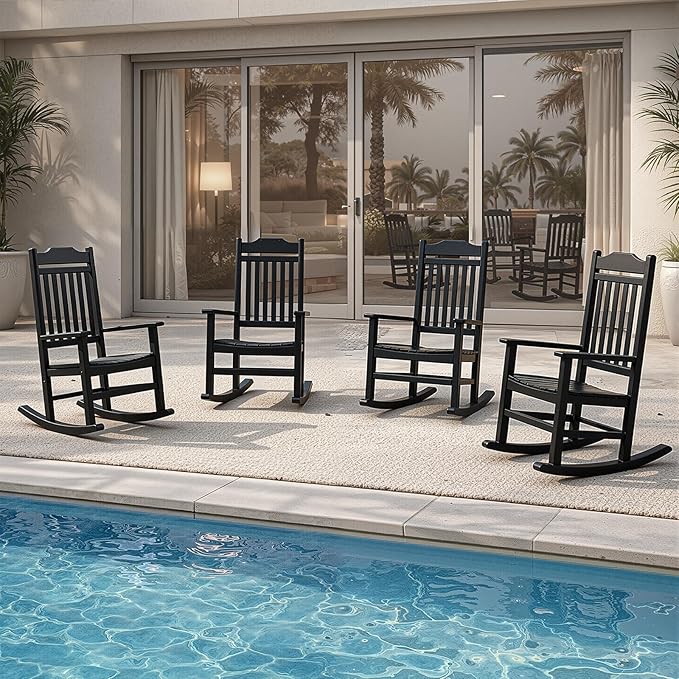 Patio Rocking Chair Outdoor Set of 4,Weather Resistant Poly Resin Oversized Porch Rocker,High Back Smooth Design,350lb Weight Capacity,Indoor Outdoor Use(4, Black) GYMHILL