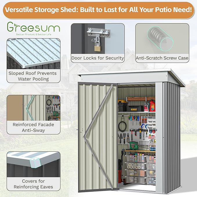 Greesum 5×3 FT Outdoor Storage Shed, Metal Storaged Sheds Without Floor, Tool Sheds with Lockable Doors and Slooping Roof for Garden, Patio, Backyard, Gray BuynowfromGreesum