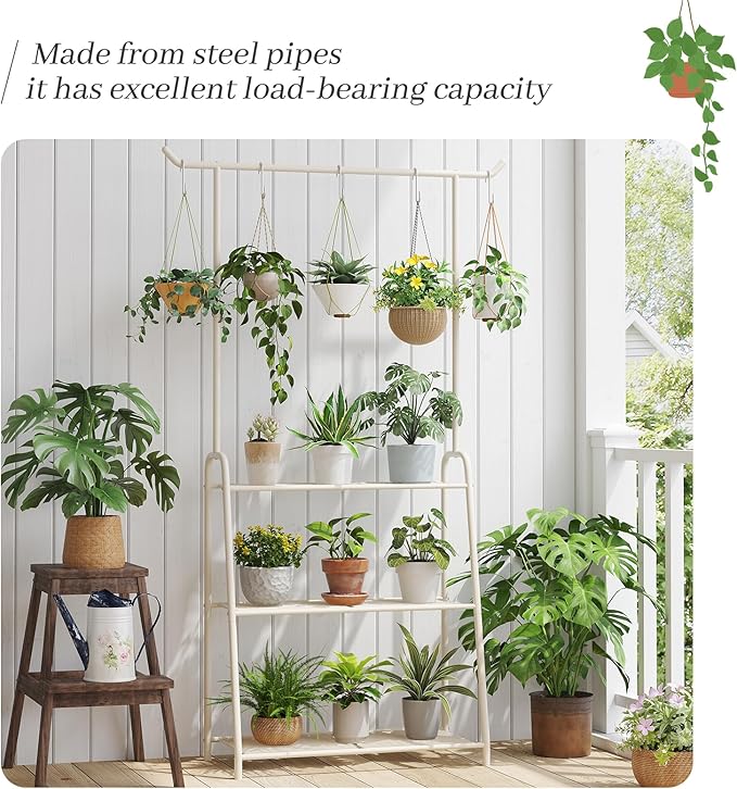 Plant Stand Indoor Outdoor,Metal Plant Stands for Multiple Plants,3 Tier Tall Hanging Plant Shelf,Large Heavy Duty Flower Holder Ladder Plant for Living Room, Patio, Balcony (White) Kitsanery