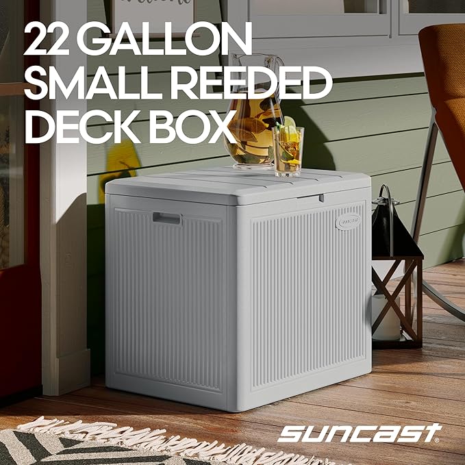 Suncast 22-Gal. Resin Small Outdoor Patio Deck Box with Reeded Design, Modern Outdoor Patio Bench/Storage Box for Cushions, Garden Tools, and More, French Gray Suncast