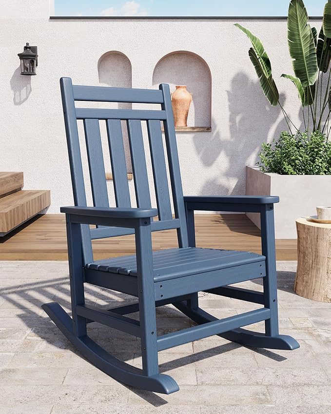 GarveeLife Poly Lumber Rocking Chair Outdoor Set of 4 - HDPE High Back Porch Rocker Chairs for Adults - All Weather Resistant Furniture for Patio - Navy Blue GarveeLife