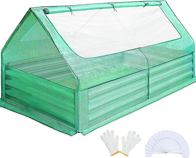 Quictent 6x3x1ft Galvanized Raised Garden Bed with Cover Metal Planter Bottomless Box w/ 2 Large Screen Windows Mini Greenhouse 20pcs T-Tags 1 Pair Gloves Outdoor Growing Vegetables (Green) QUICTENT