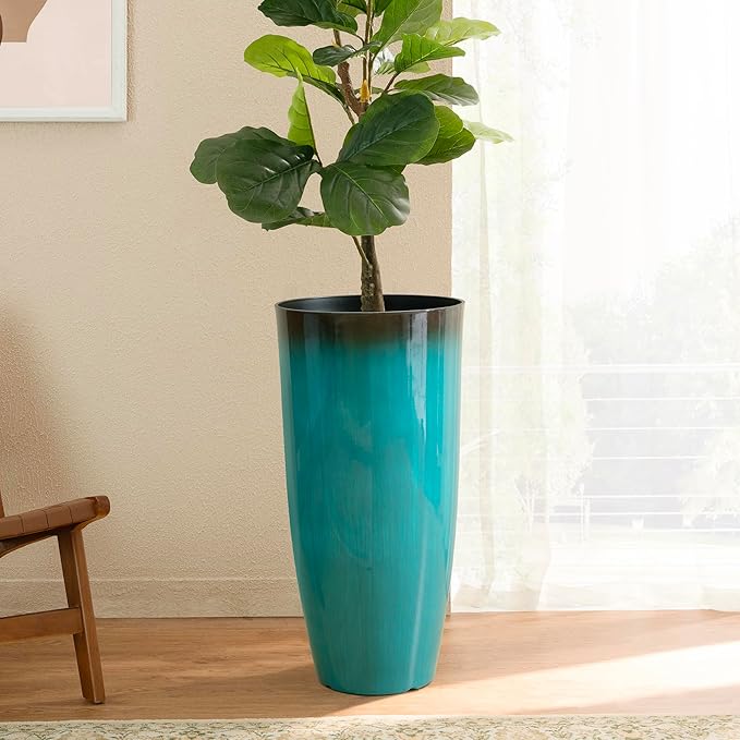Glitzhome 30" H Tall Outdoor Planter, Set of 2 Large Tall Planters with Gradient Turquoise Faux Ceramic Finish, Plastic Large Flower Pots for Porch Garden Indoor All Season Decor,with Drainage Holes Glitzhome